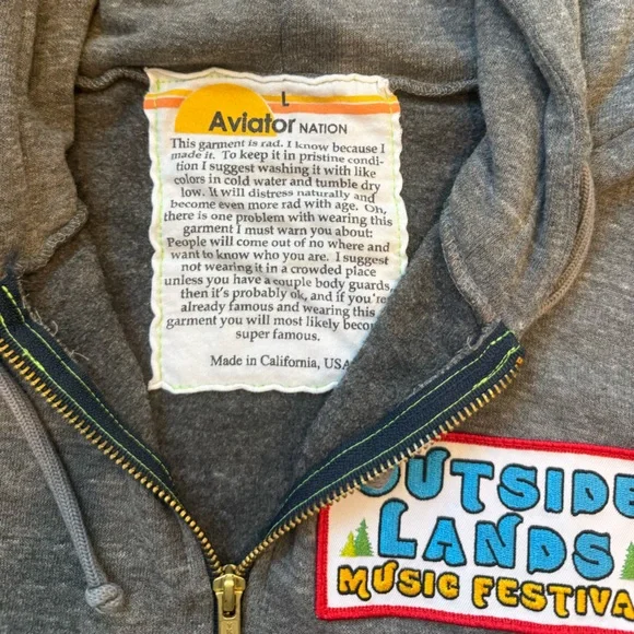 Aviator Nation Hoodie Adult Large Gray Outside Lands Music Festival Full Zip Up - Picture 3 of 8